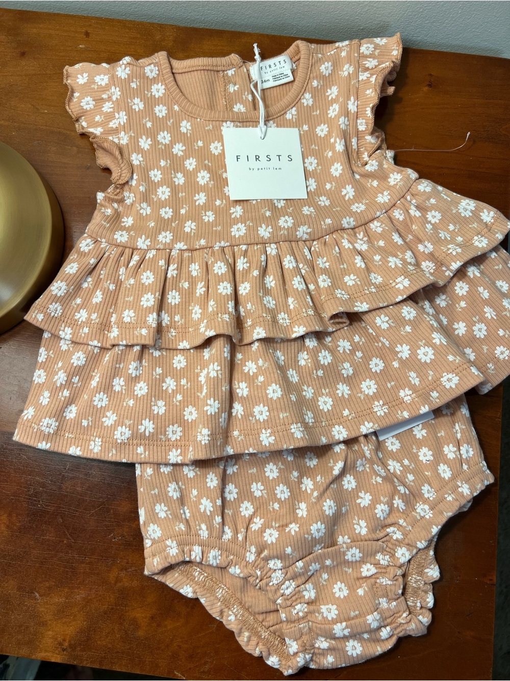 Petit Lem Tan & White Floral Ruffle Dress & Bloomer Set